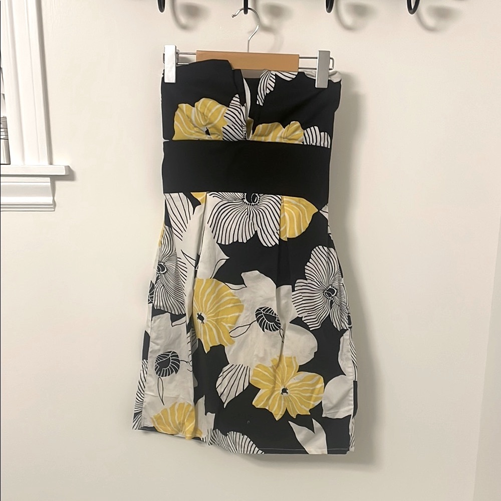 Floral Strapless Dress - Black, White, and Yellow